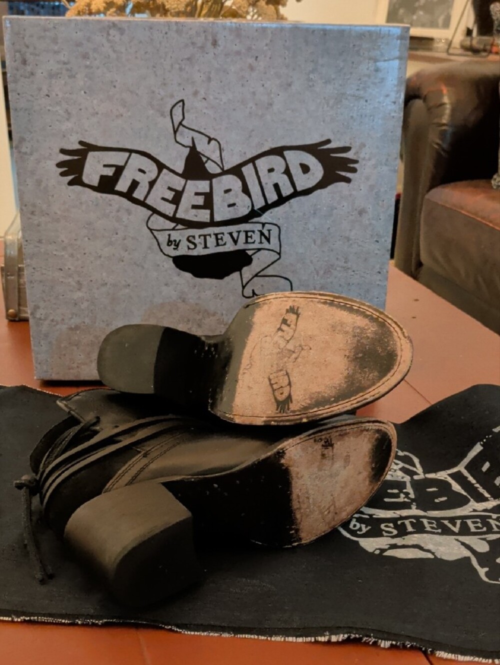 Freebird by Steven Black Leather Ankle Boots with Wrap Strap Detail - Picture 3 of 6